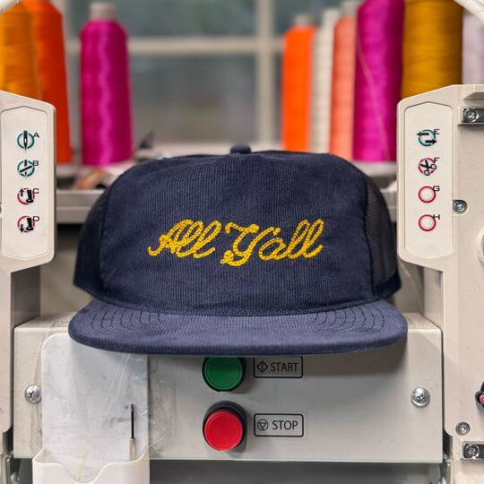 All Y&#39;all Stitched Cord Trucker Hat (Midnight Blue)